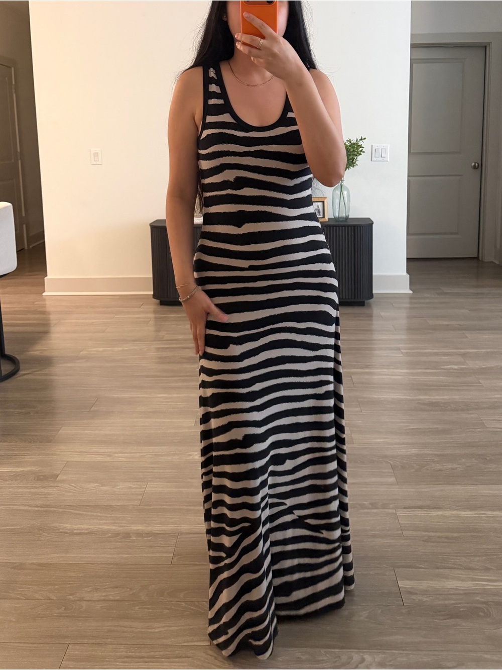 Calvin Klein Black and Beige Striped Tank Maxi Dress